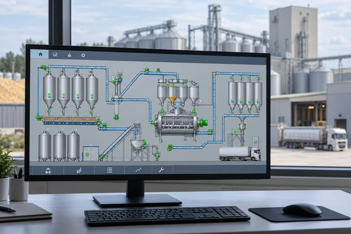 Ilustración de supervisión SCADA para una fábrica de piensos